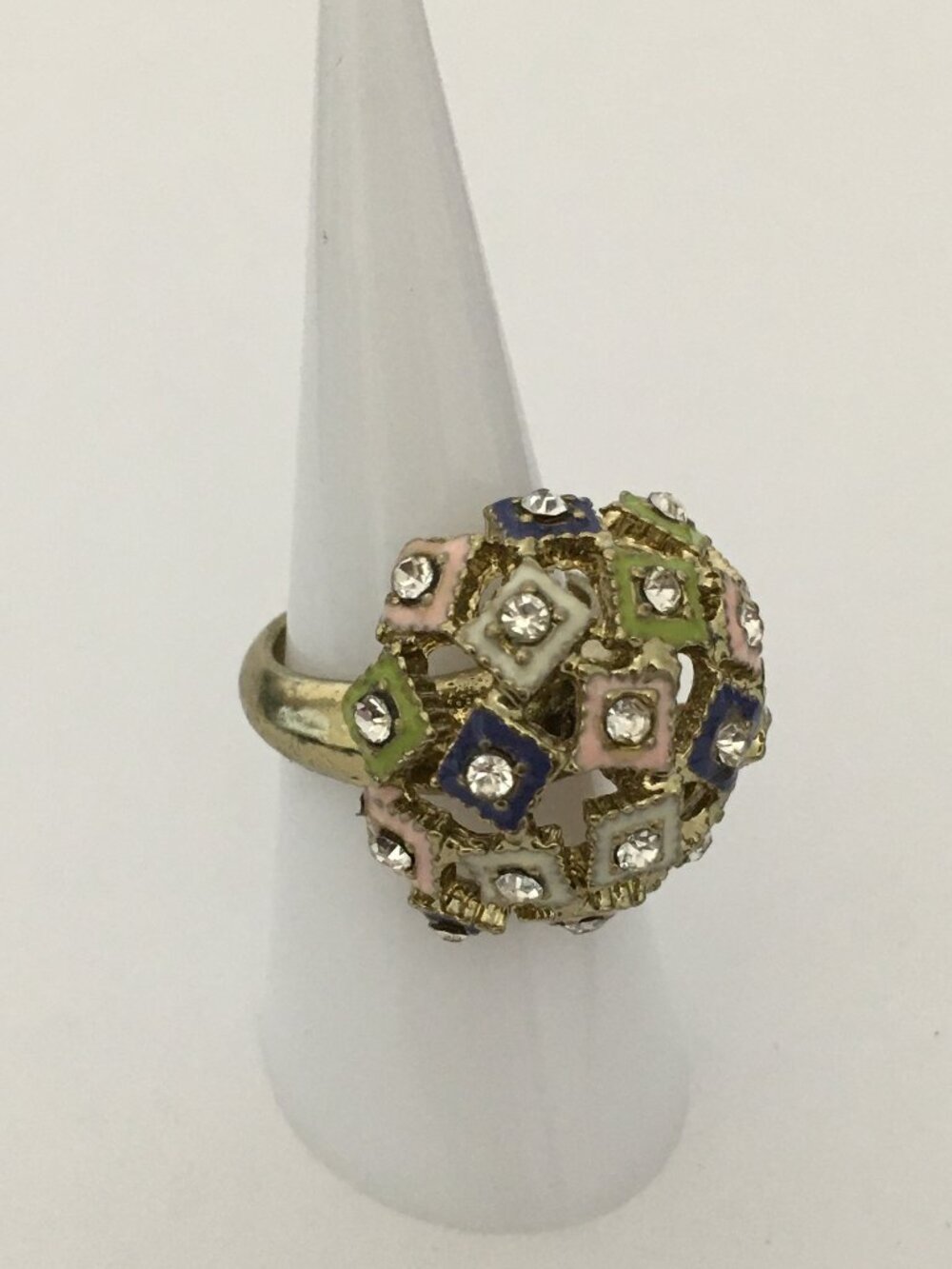 NEW Gold w Multi-Colored Silver Rhinestone Square Large Round Floral Style Ring